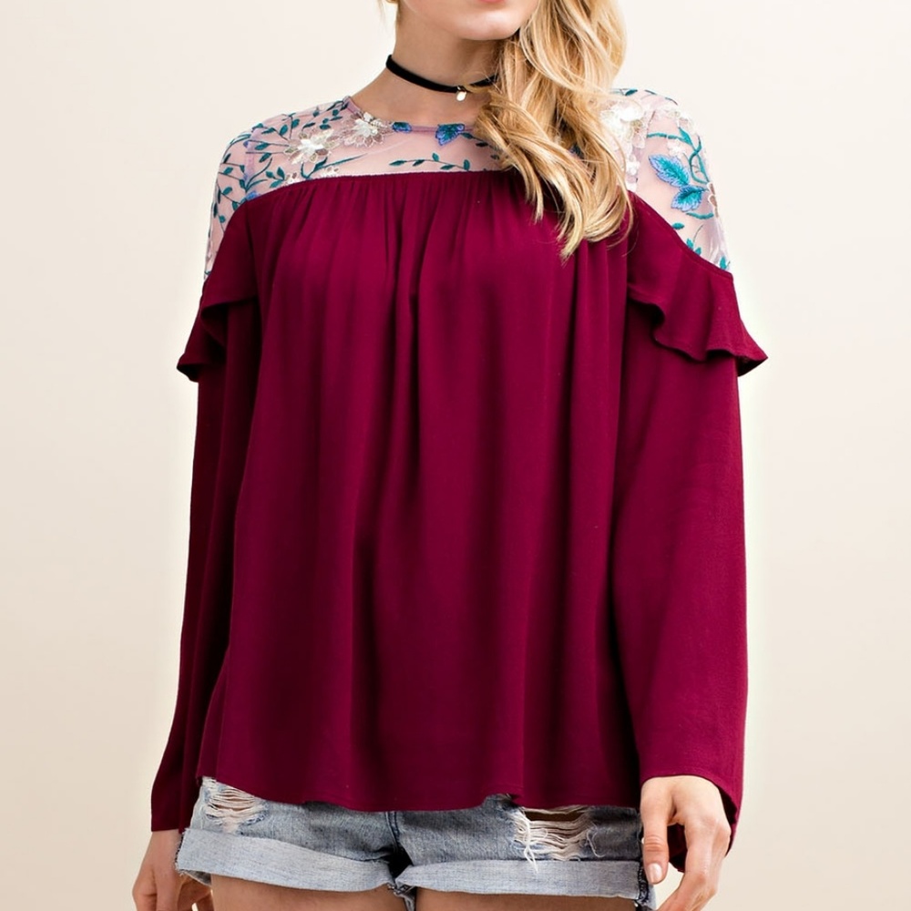 Mesh Floral Bell Sleeve Flowy Top